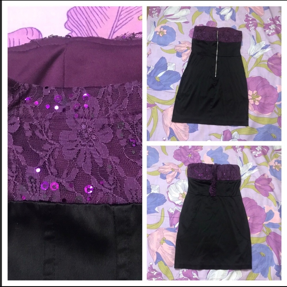 EUC Wishes Lace Sequin Strapless Cocktail Black/Purple Mini Dress
